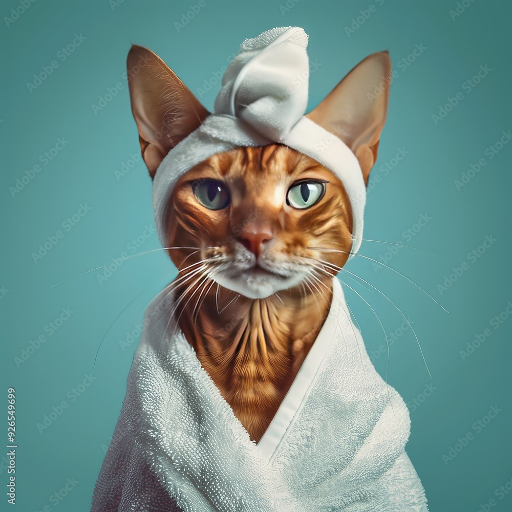 A ginger cat in a white bathrobe and towel, looking directly at the camera. A ginger cat in a white bathrobe and towel, looking directly at the camera.