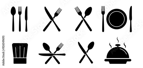 Silverware icons. Fork, knife, plate and spoon. Menu symbol. Black silverware icon. Vector illustration.