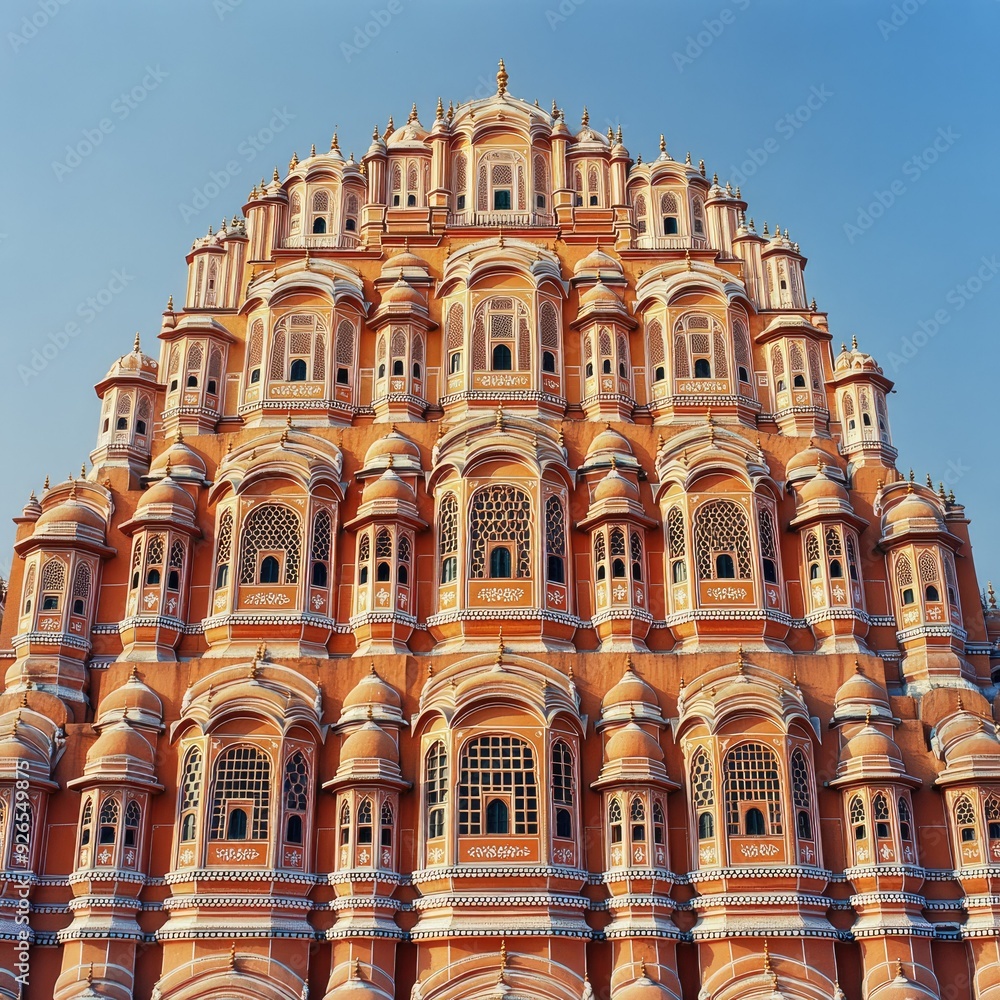 The magnificent Hawa Mahal in Jaipur, India, stands tall against a clear blue sky, its intricate architecture glowing in the sunlight The magnificent Hawa Mahal in Jaipur, India, stands tall against a clear blue sky, its intricate architecture glowing in the sunlight