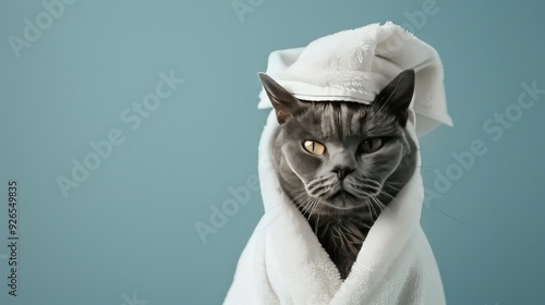 A gray cat wearing a white towel, looking serious and slightly annoyed.  The cat is against a blue background. photo