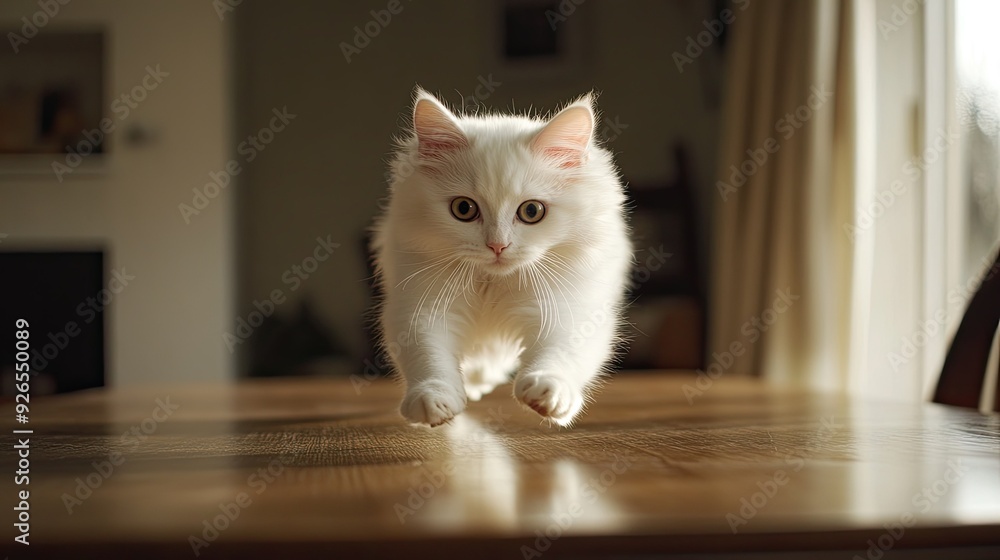 The moment a white British cat leaps onto a dining table, its fur slightly ruffled from the motion, as it prepares to explore the new surface. The moment a white British cat leaps onto a dining table, its fur slightly ruffled from the motion, as it prepares to explore the new surface.