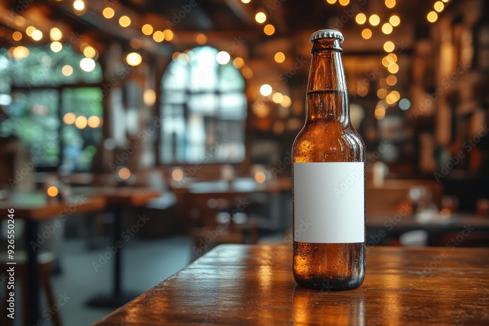 Bottle of beer with blank white label placed on the right side of table. Blurred restaurant interior in the background. Professional shot. Bottle of beer with blank white label placed on the right side of table. Blurred restaurant interior in the background. Professional shot.