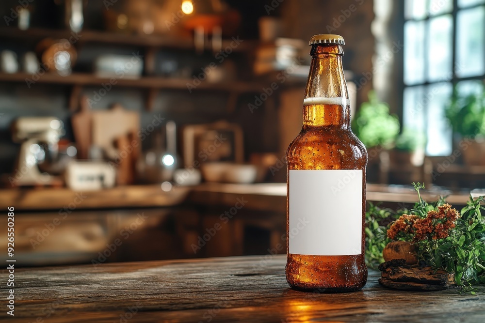 Bottle of beer with blank white label placed on the right side of table. Blurred rustic kitchen in the background. Professional shot. Bottle of beer with blank white label placed on the right side of table. Blurred rustic kitchen in the background. Professional shot.