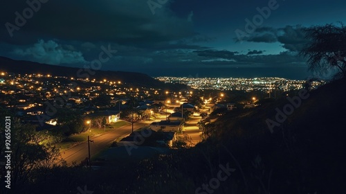 The night view of Hawaii Loa Ridge, with twinkling lights from homes and streets creating a serene atmosphere. photo