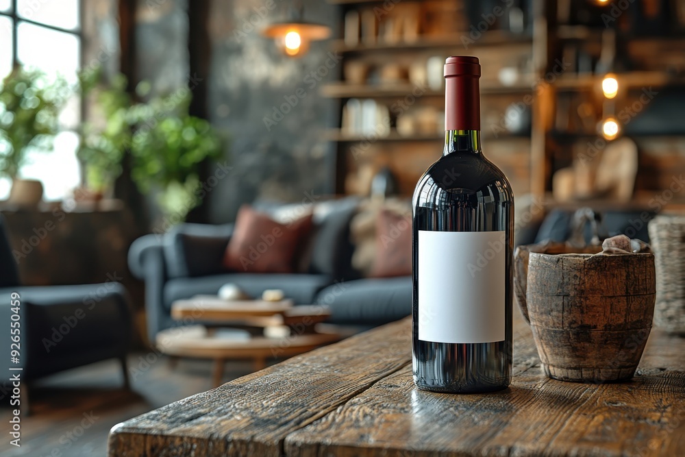 Bottle of red wine with blank white label placed on the right side of table. Blurred living room. Bottle of red wine with blank white label placed on the right side of table. Blurred living room.