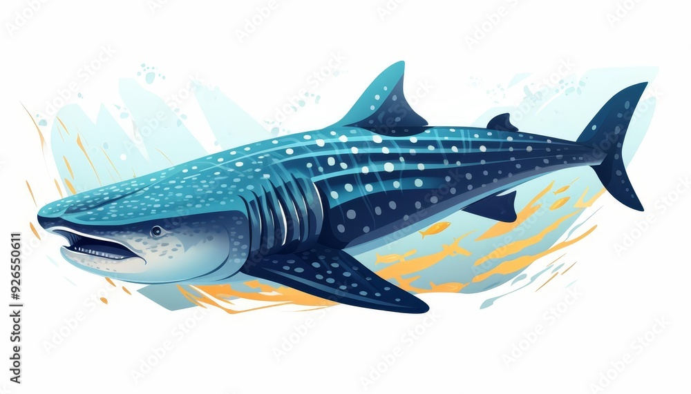 A whale shark gliding majestically flat design side view ocean theme cartoon drawing vivid A whale shark gliding majestically flat design side view ocean theme cartoon drawing vivid
