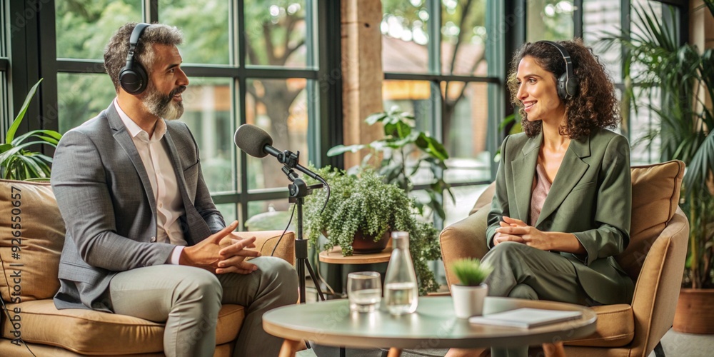 Enjoy an Engaging Podcast Conversation in a Vibrant and Lively Setting Full of Energy Enjoy an Engaging Podcast Conversation in a Vibrant and Lively Setting Full of Energy