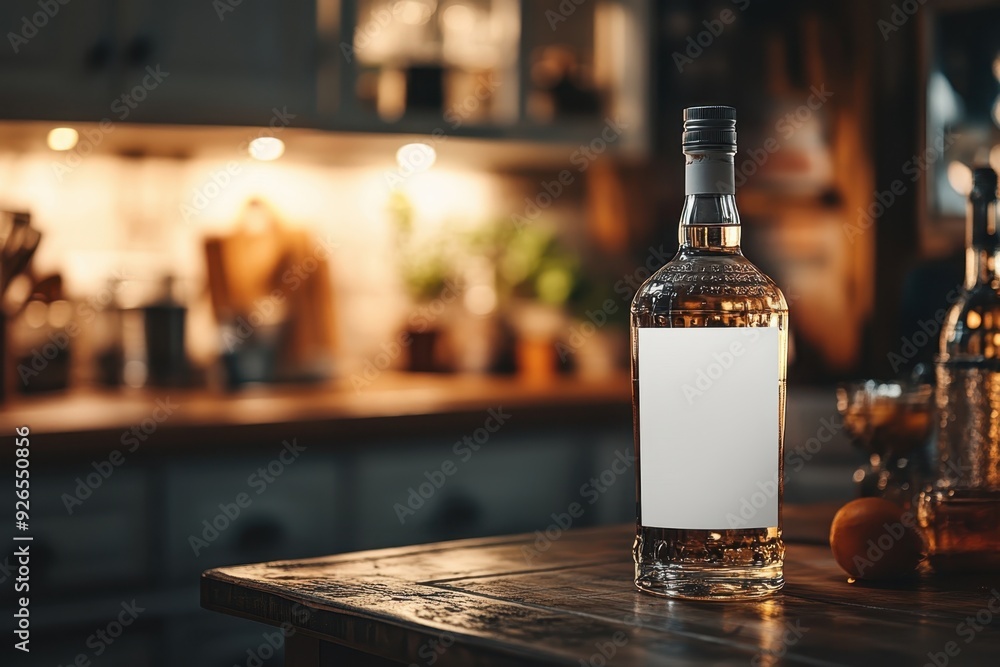 Bottle of vodka with blank white label placed on the right side of table. Blurred kitchen in the background. Professional shot. Bottle of vodka with blank white label placed on the right side of table. Blurred kitchen in the background. Professional shot.