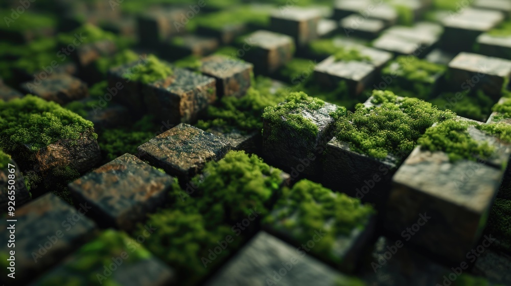 Close-up of moss-covered cube structures, resembling a natural digital landscape.