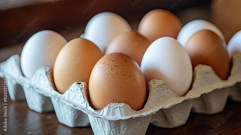The simple beauty of fresh eggs in a carton, with a mix of brown and white varieties, representing wholesome, natural food straight from the farm. The simple beauty of fresh eggs in a carton, with a mix of brown and white varieties, representing wholesome, natural food straight from the farm.