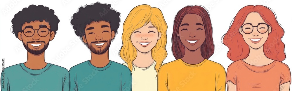 5 people of different races and nationalities are smiling as they look at the camera on an isolated white background in a cartoon style. 5 people of different races and nationalities are smiling as they look at the camera on an isolated white background in a cartoon style.