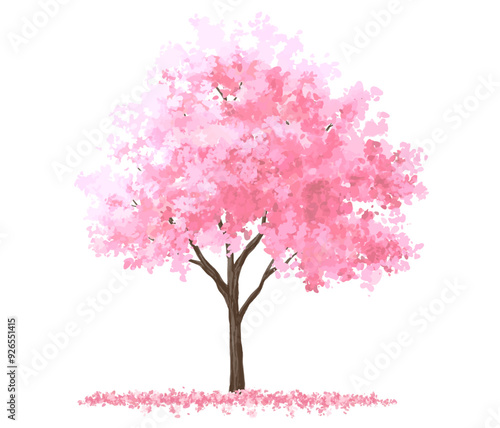  Vector watercolor blooming flower tree or forest side view isolated on white background for landscape and architecture drawing,elements for environment or and garden,Sakura tree for section 