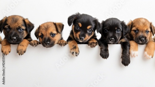 Five adorable puppies peek out with curious eyes. Each puppy has unique fur patterns and colors. This cute image captures their playful spirit. Perfect for pet lovers and animal enthusiasts. AI