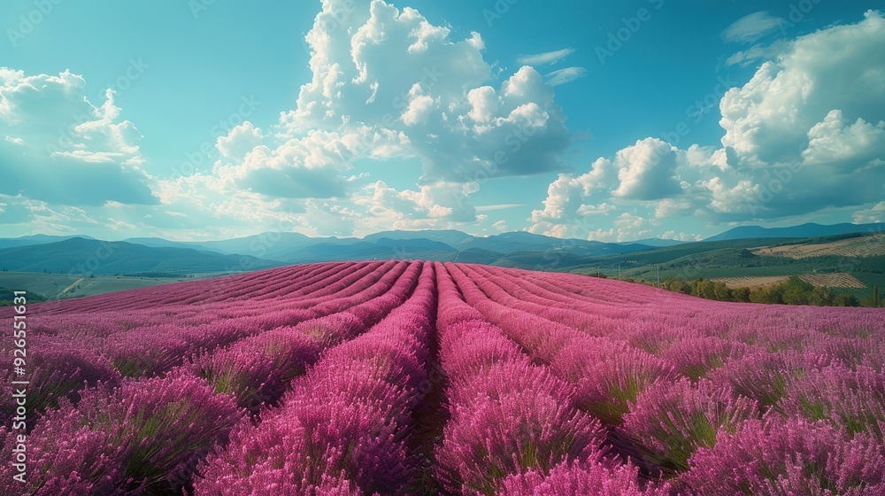 Vast lavender field under a bright blue sky with fluffy clouds and distant mountains on the horizon. Vast lavender field under a bright blue sky with fluffy clouds and distant mountains on the horizon.
