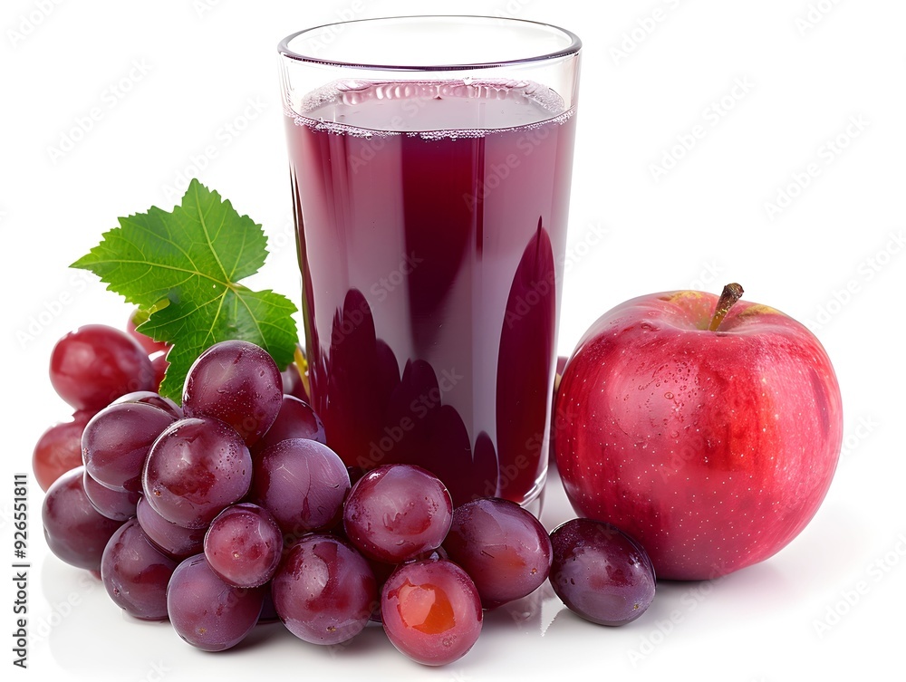 Fresh grape juice in a glass beside clusters of grapes and a whole apple on a white background Fresh grape juice in a glass beside clusters of grapes and a whole apple on a white background