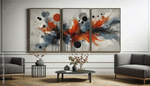 Abstract grey wood framed triptych mixed media orange blue black red oxide ink flower mounted interior design wall art