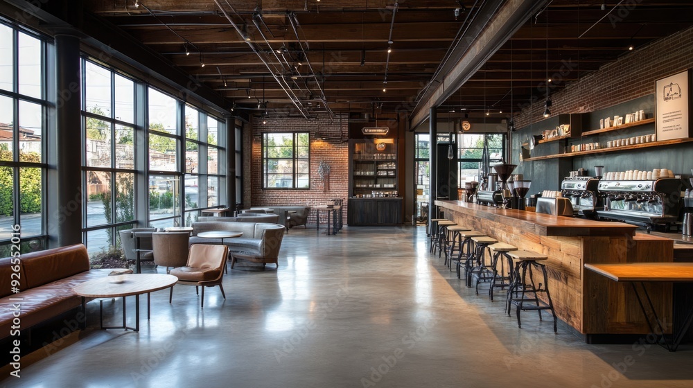 Industrial Chic Coffee Shop Interior with Exposed Brick and Wooden Accents Industrial Chic Coffee Shop Interior with Exposed Brick and Wooden Accents