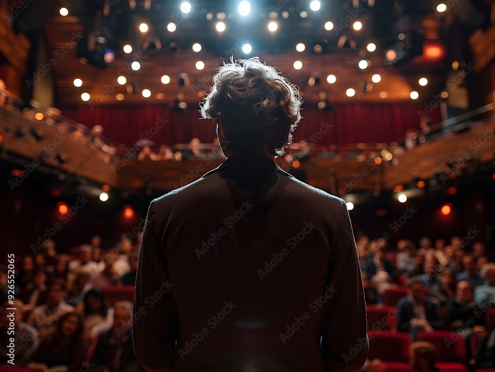 A speaker addresses an audience at a theater during an evening performance A speaker addresses an audience at a theater during an evening performance