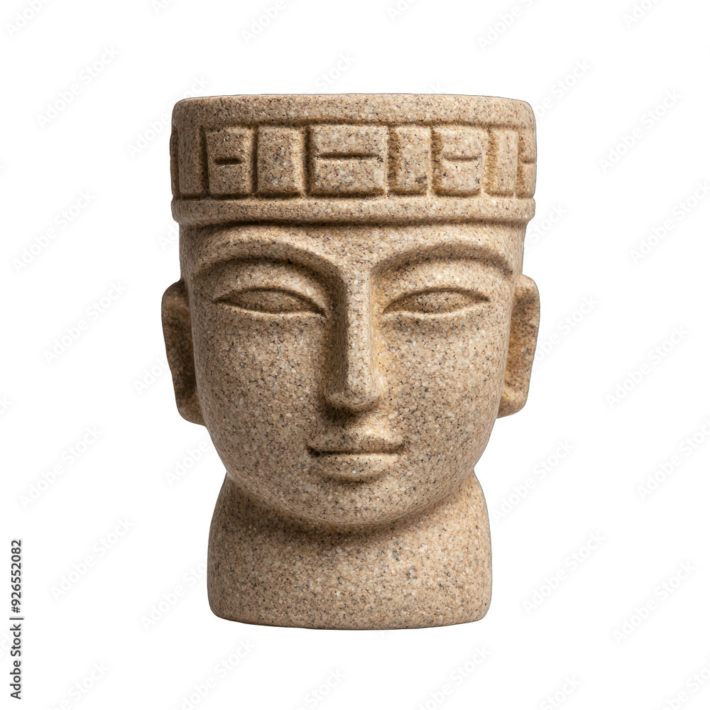 Stylized stone sculpture featuring a serene face with intricate headwear, perfect for decorative or artistic purposes. transparent background Stylized stone sculpture featuring a serene face with intricate headwear, perfect for decorative or artistic purposes. transparent background