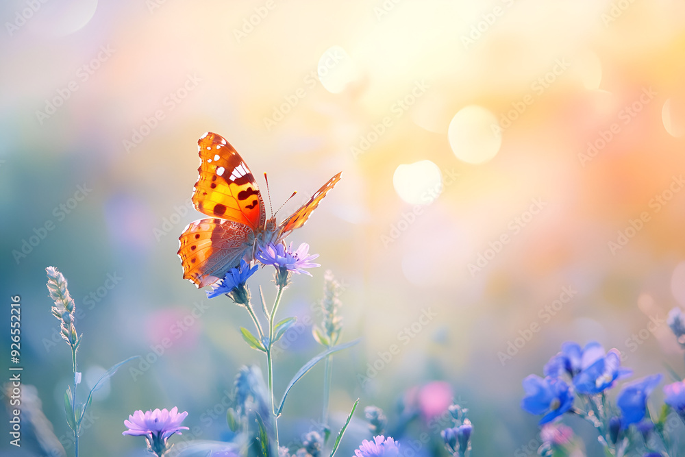Beautiful butterfly fly rest over flowers with snow mountain at sunset Beautiful butterfly fly rest over flowers with snow mountain at sunset