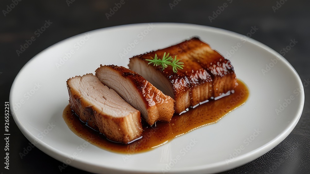 Roast Pork Belly served on a pristine white plate isolated on a white background Roast Pork Belly served on a pristine white plate isolated on a white background