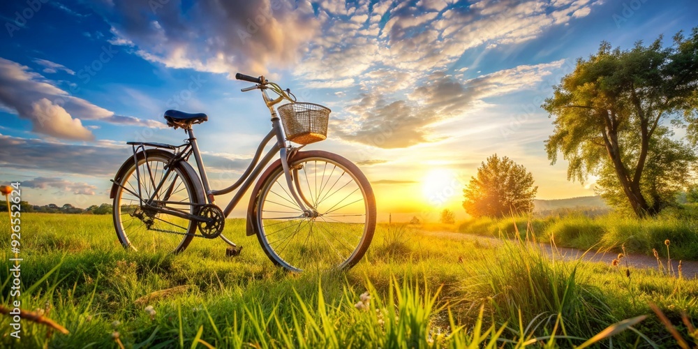 Fototapeta premium A Charming Sunset with a Vintage Bicycle in a Beautiful Serene Field of Greenery