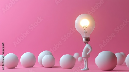 A creative concept depicting a figure with a light bulb for a head, symbolizing ideas and innovation against a pink backdrop.
