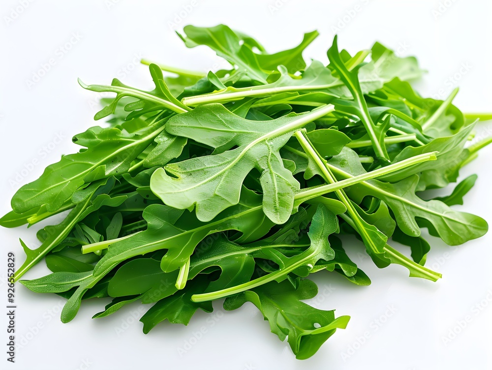 Fresh arugula leaves arranged on a white background, showcasing their vibrant green color and delicate texture Fresh arugula leaves arranged on a white background, showcasing their vibrant green color and delicate texture