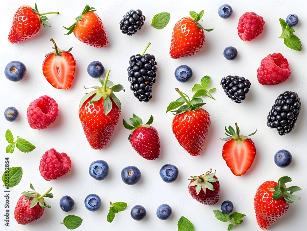 A vibrant arrangement of fresh berries on a white background, showcasing strawberries, blueberries, blackberries, and raspberries A vibrant arrangement of fresh berries on a white background, showcasing strawberries, blueberries, blackberries, and raspberries