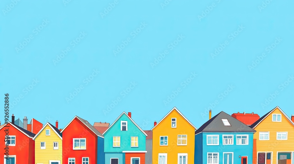 Vibrant houses with cheerful facades stand against a clear sky, the expansive blue providing room for text. Vibrant houses with cheerful facades stand against a clear sky, the expansive blue providing room for text.