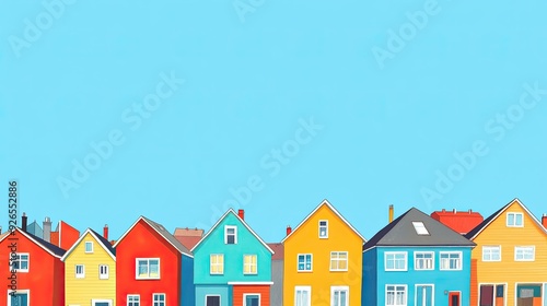 Vibrant houses with cheerful facades stand against a clear sky, the expansive blue providing room for text.