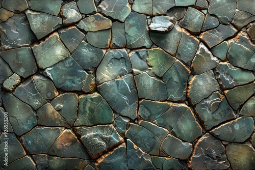 A textured green stone wall with irregular cracks and a subtle golden hue photo