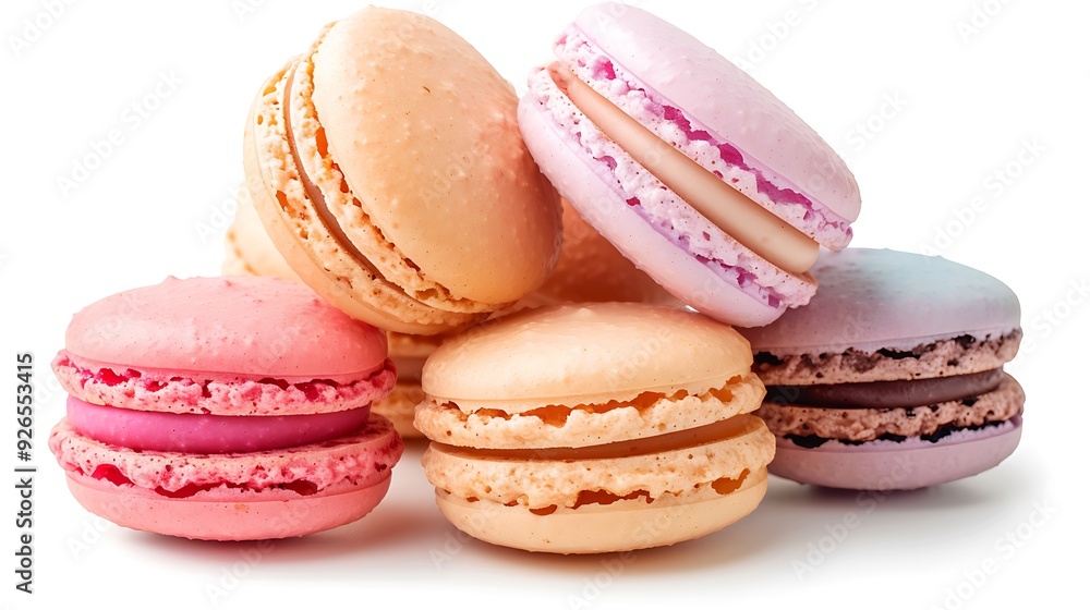 Colorful macarons with different fillings, isolated on white background. Colorful macarons with different fillings, isolated on white background.