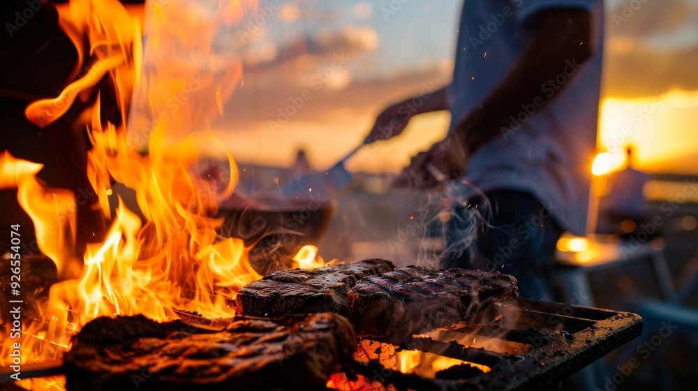 Fototapeta premium A vibrant sunset BBQ scene with flames dancing around juicy steaks being grilled outdoors, creating a delightful culinary atmosphere.
