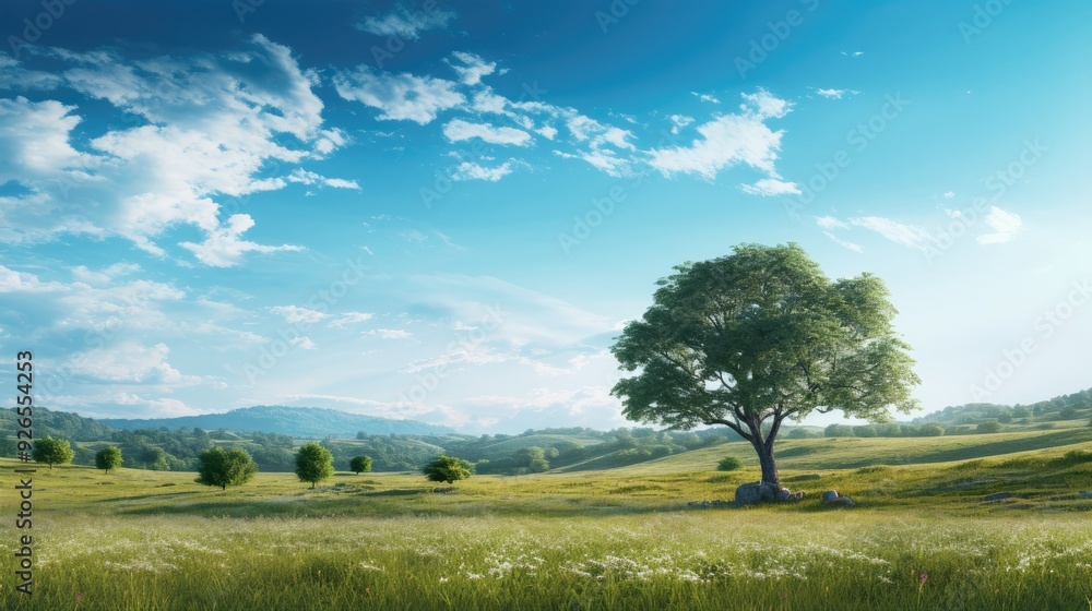 A serene landscape featuring a large tree amidst a lush green field under a blue sky. A serene landscape featuring a large tree amidst a lush green field under a blue sky.