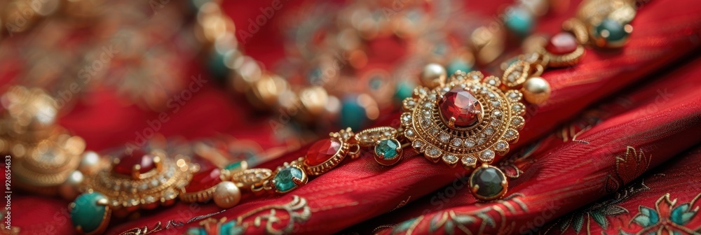 A gold necklace with red and green gemstones rests on a red fabric A gold necklace with red and green gemstones rests on a red fabric