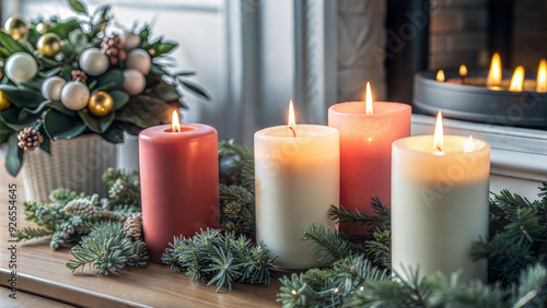 Scented Candles Arranged on a Wooden Window Ledge