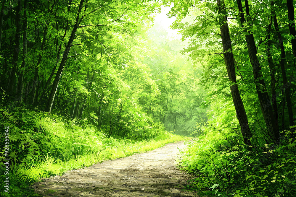 Hiking path winding through lush green forest in spring Hiking path winding through lush green forest in spring