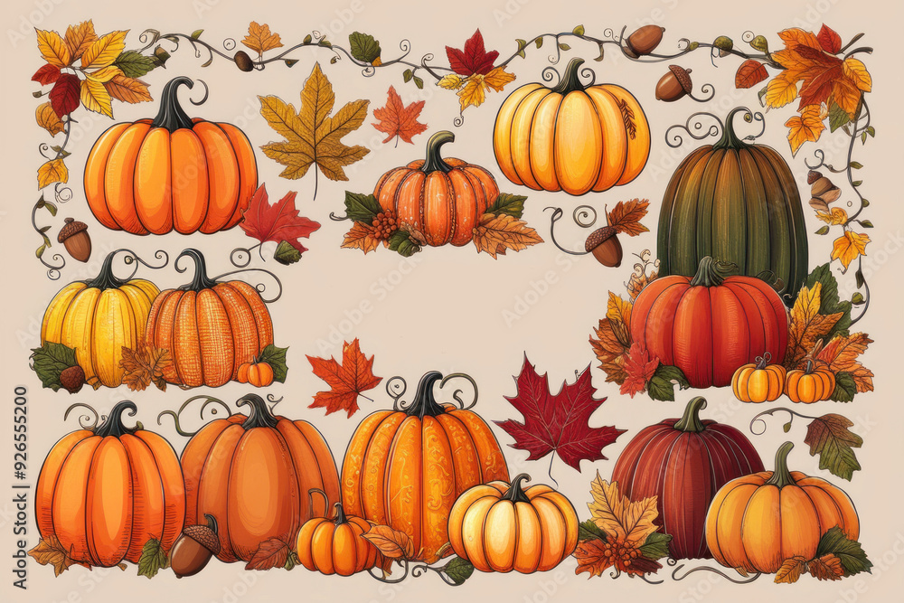 Set of autumn leaves and pumpkins in watercolor style. AI Set of autumn leaves and pumpkins in watercolor style. AI