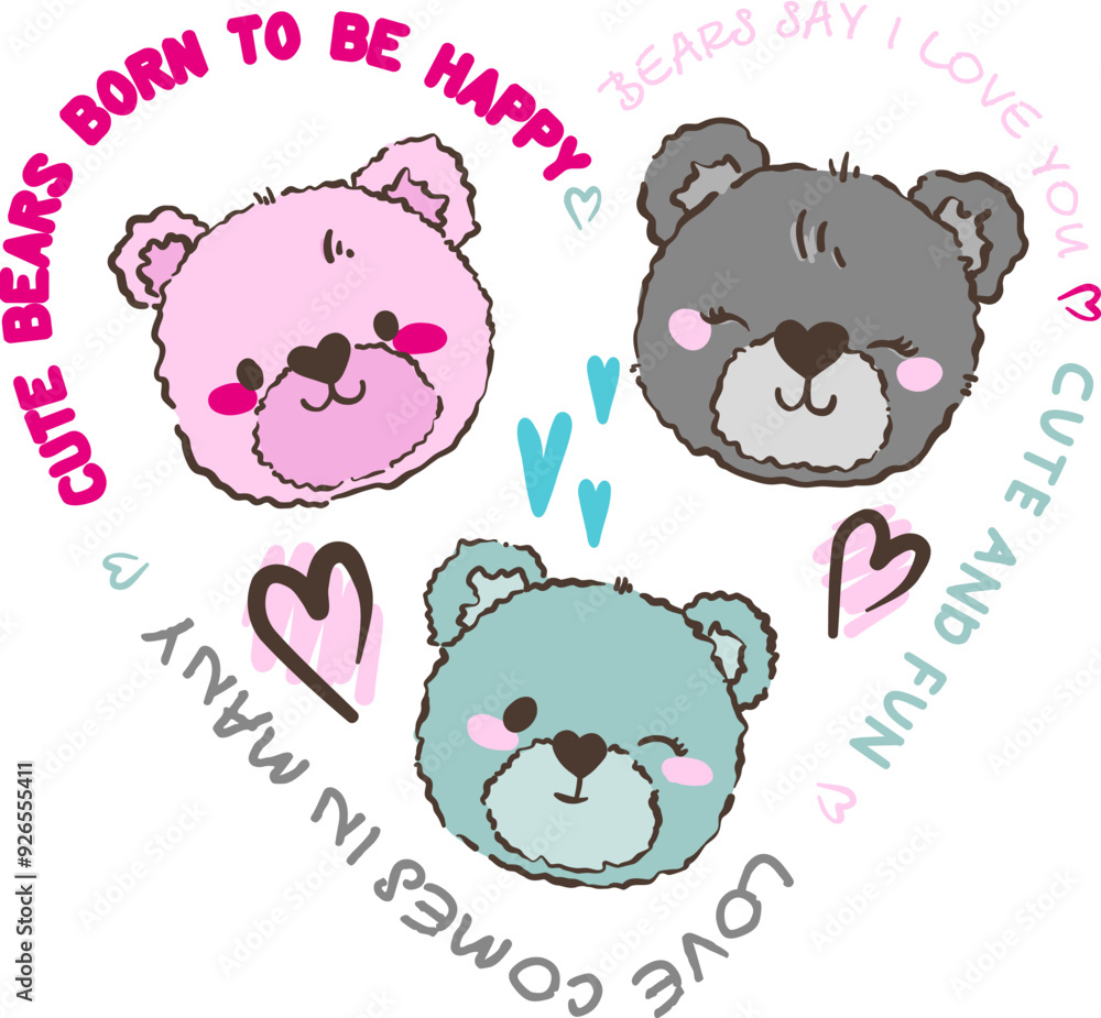 Obraz premium Print with colorful teddy bear’s heads. Cute print for t-shirts, stationery, kids, wear, and other designs.