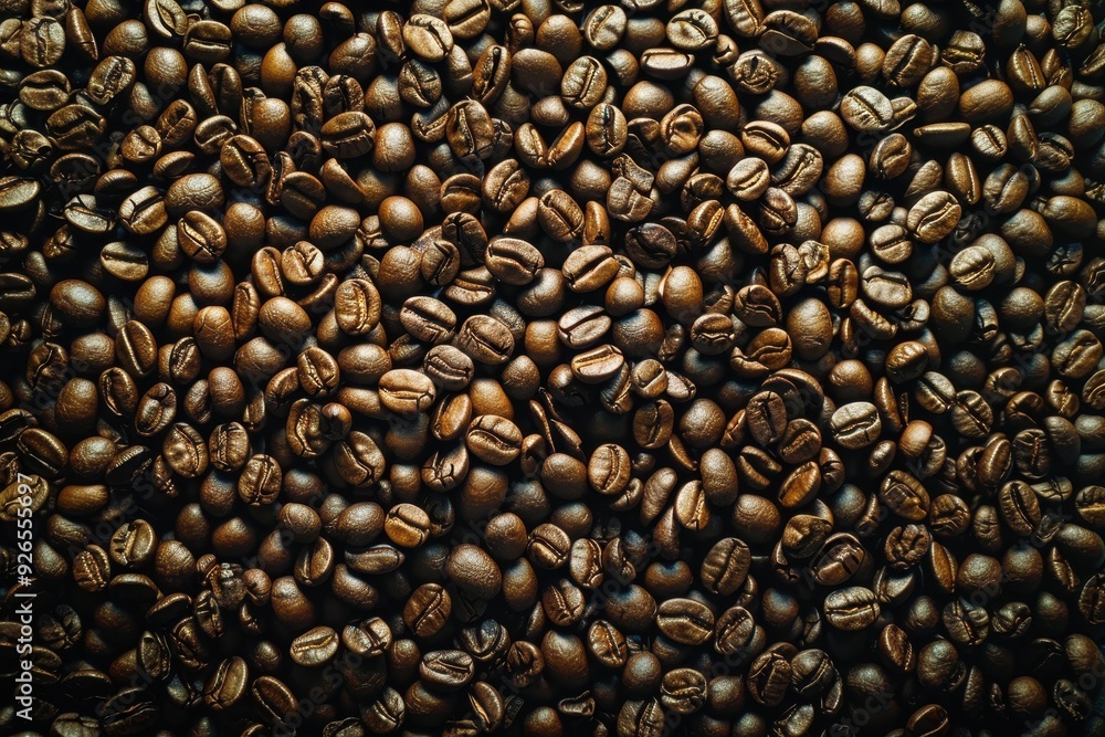 Obraz premium A large number of roasted coffee beans form a rich and aromatic background.