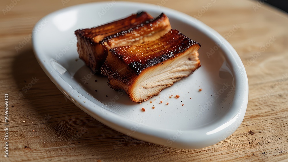 Roast Pork Belly served on a pristine white plate isolated on a white background Roast Pork Belly served on a pristine white plate isolated on a white background