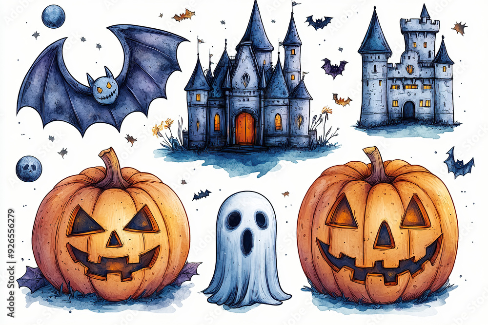 set of halloween pumpkin with bats and moon set of halloween pumpkin with bats and moon