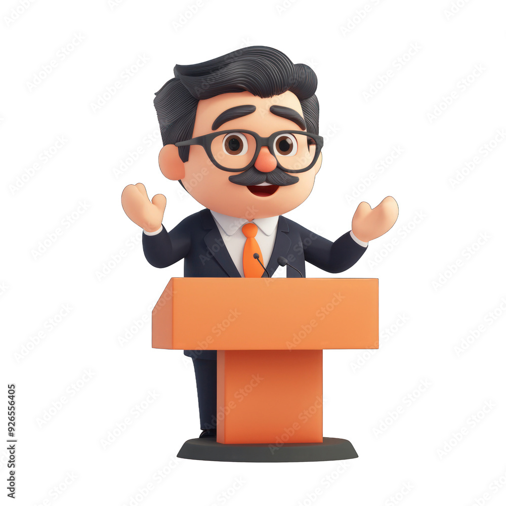A cheerful cartoon character presenting at a podium, wearing a suit and glasses, perfect for business and education themes. transparent background A cheerful cartoon character presenting at a podium, wearing a suit and glasses, perfect for business and education themes. transparent background
