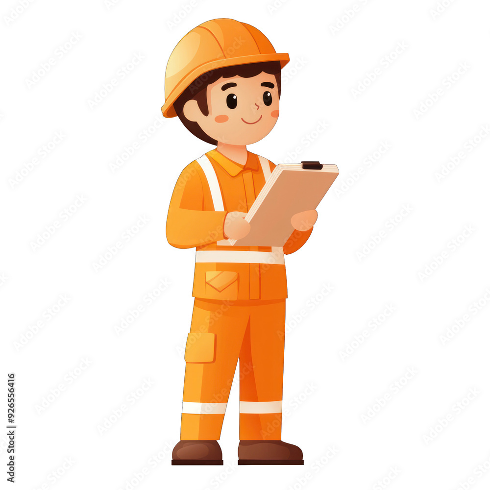 A cheerful construction worker in an orange uniform holding a clipboard, symbolizing safety and teamwork on site. transparent background A cheerful construction worker in an orange uniform holding a clipboard, symbolizing safety and teamwork on site. transparent background