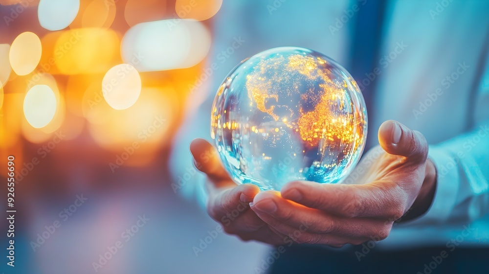 Fototapeta premium Hands Holding Crystal Globe with Earth - Global Connection