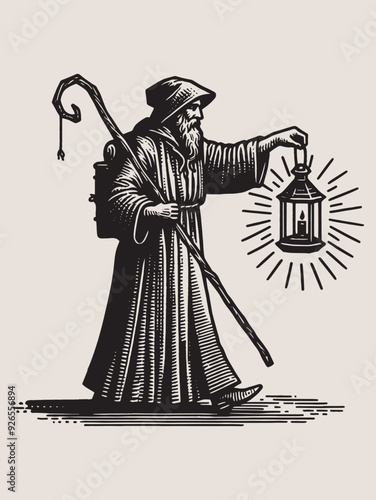 An old hermit with an old lantern. Vintage old engraving vector illustration, emblem, print.