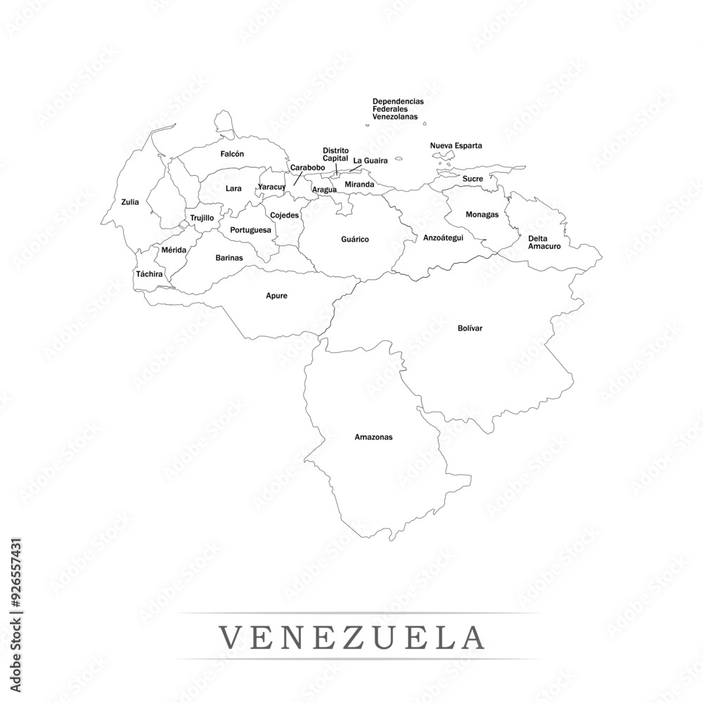 Administrative regions of VENEZUELA. Province, state, division name with white map with black outline. Vector illustration Administrative regions of VENEZUELA. Province, state, division name with white map with black outline. Vector illustration