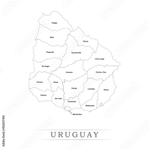 Administrative regions of URUGUAY. Province, state, division name with white map with black outline. Vector illustration	