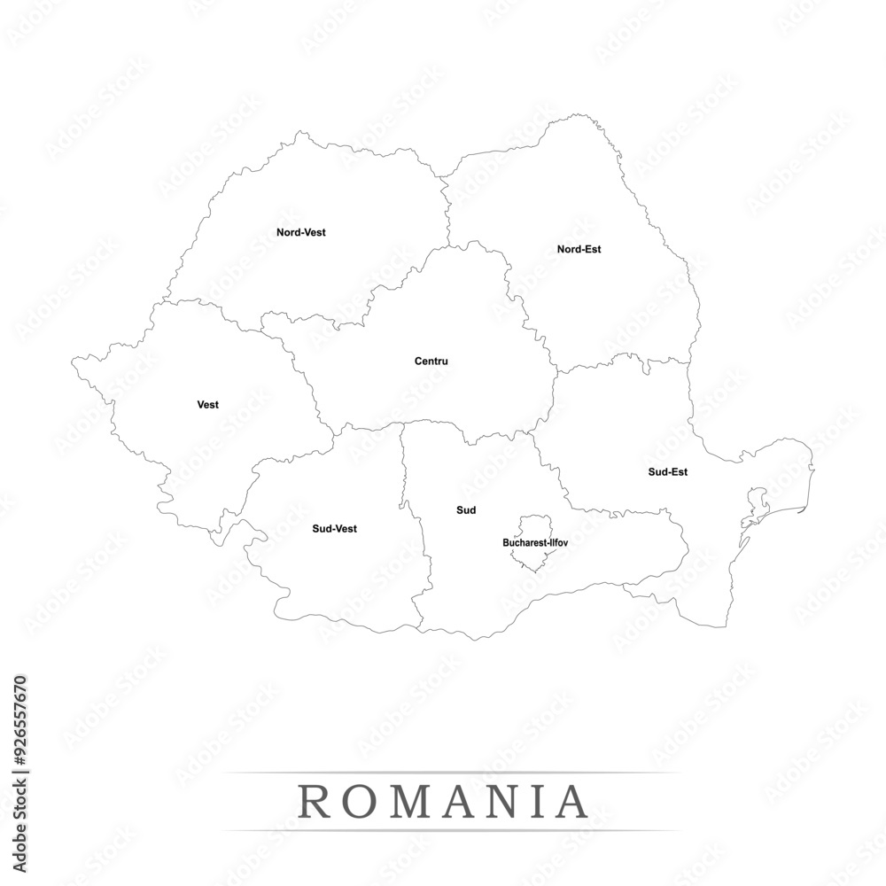 Administrative regions of ROMANIA. Province, state, division name with white map with black outline. Vector illustration Administrative regions of ROMANIA. Province, state, division name with white map with black outline. Vector illustration
